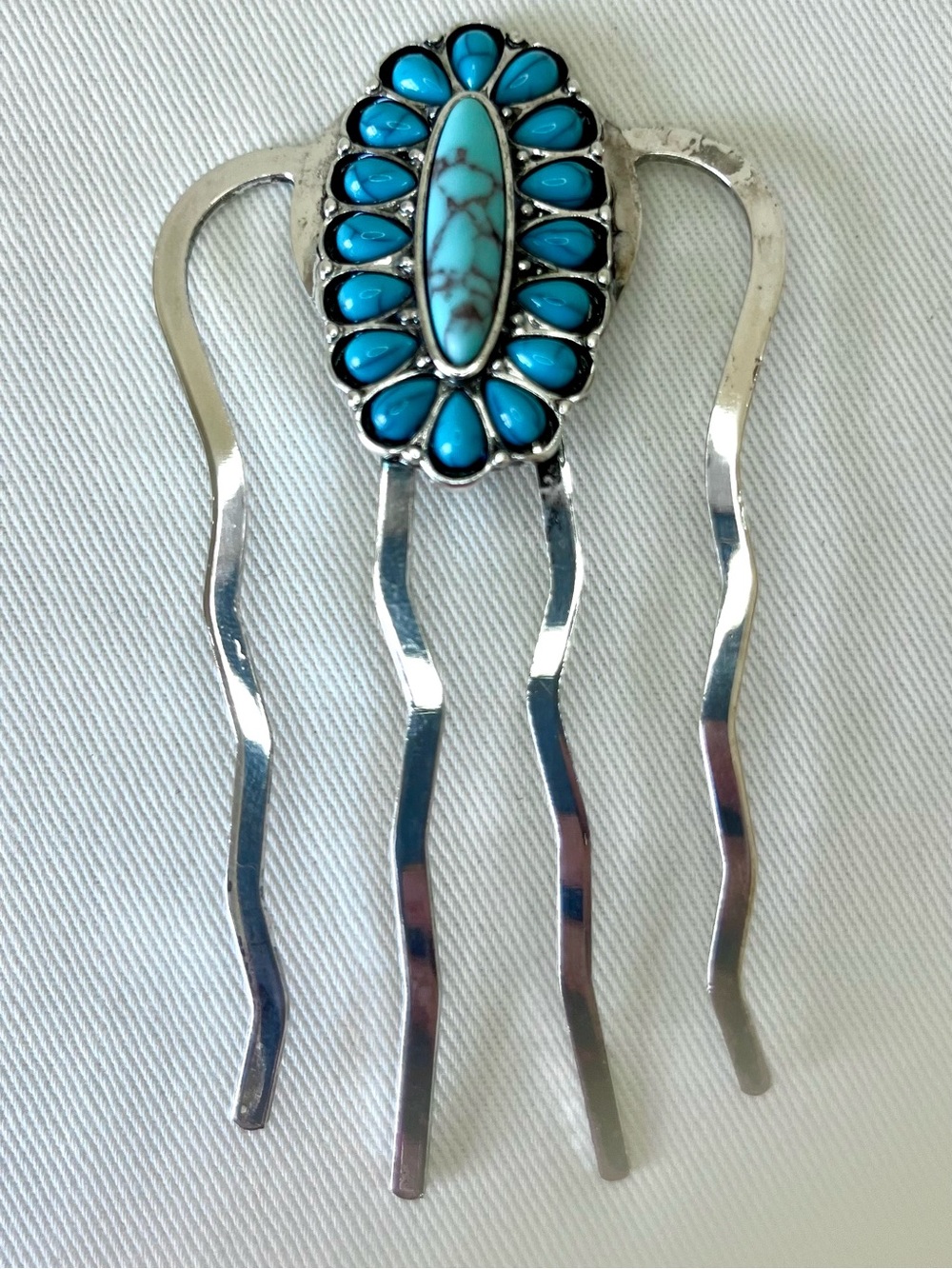 Turquoise Floral Stone & Silver Hair Comb / Pin